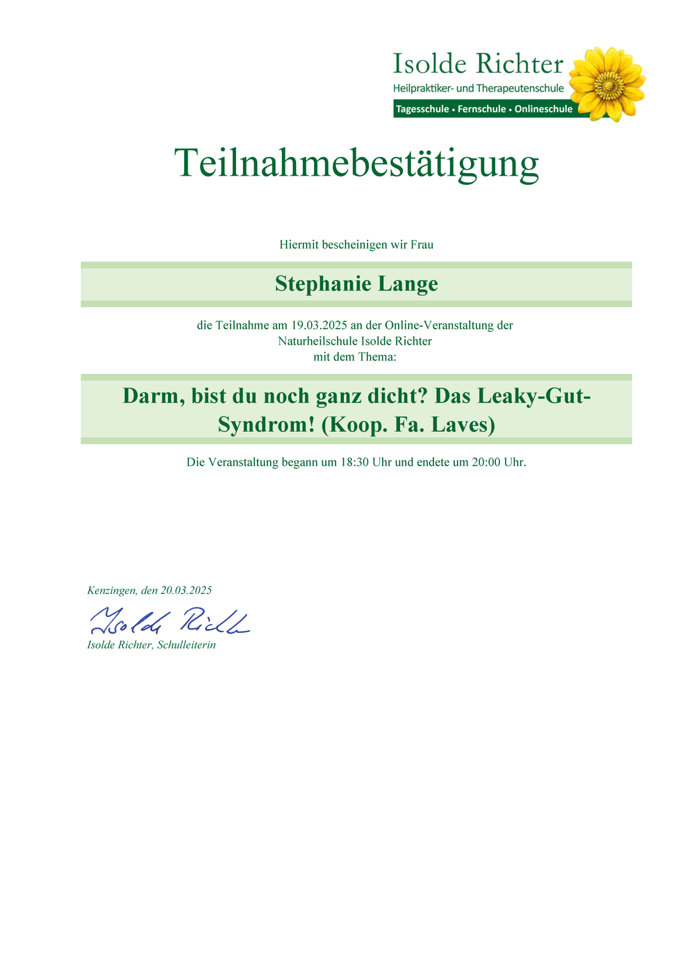 Teilnahmebesttigung Leaky Gut Laves