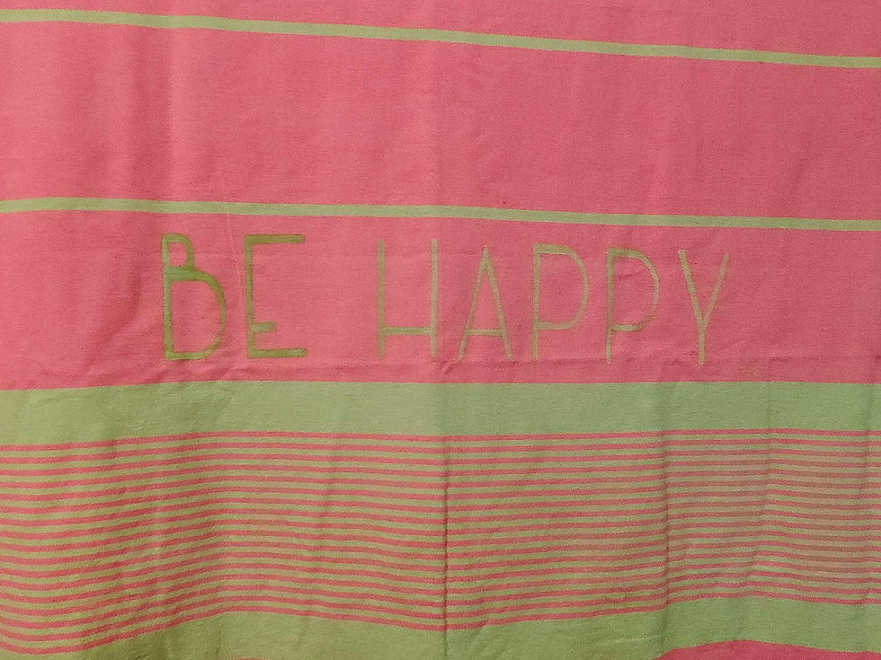 Miniature : Fouta rose et jaune rayé inscription "be happy"