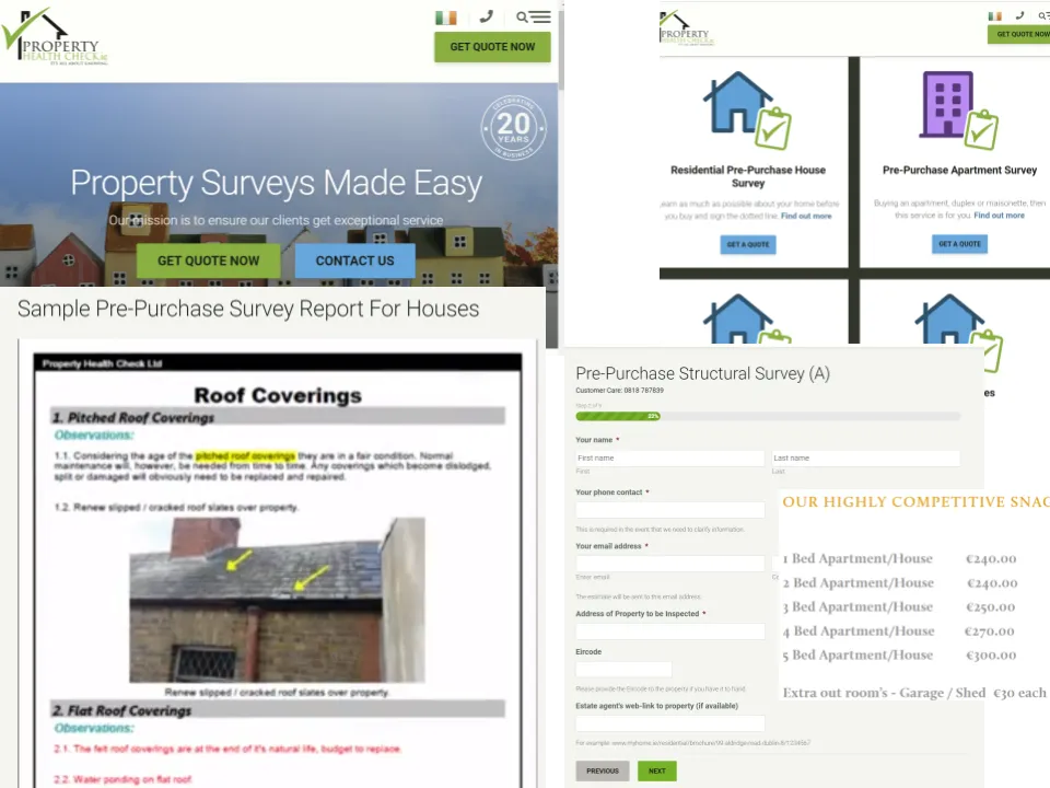 Home page image of a real estate website their services page and pre purchase structural survey