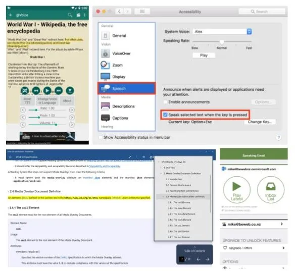 Image contains screenshots of Voice Aloud, Speaking mail, Read Aloud, and in-built narrator