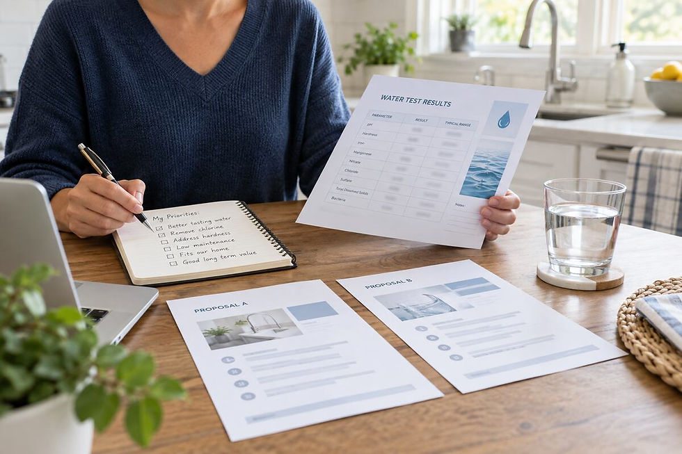 Homeowner reviewing water test results and comparing written treatment proposals