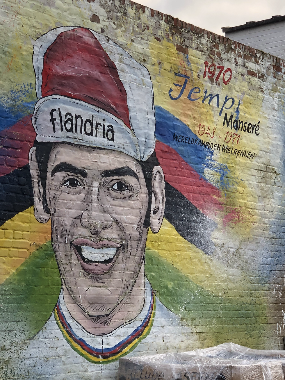 Street art of World Cycle Champion Jean-Pierre (Jempi) Monseré in Roeselare