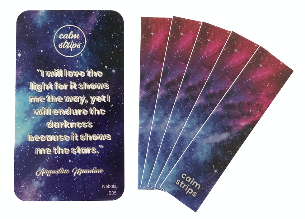 On the left of the image is a card that reads “I will love the night for it shows me the way, yet l will endure the darkness because it shows me the stars. - Augustine Tipanative.” On the right of the card are five individual, thin rectangle Calm Strips fanned out. They show a red to blue Nebula in space with small stars throughout with white text reading at the bottom, “Calm Strips”. They are seen on a light colored background.