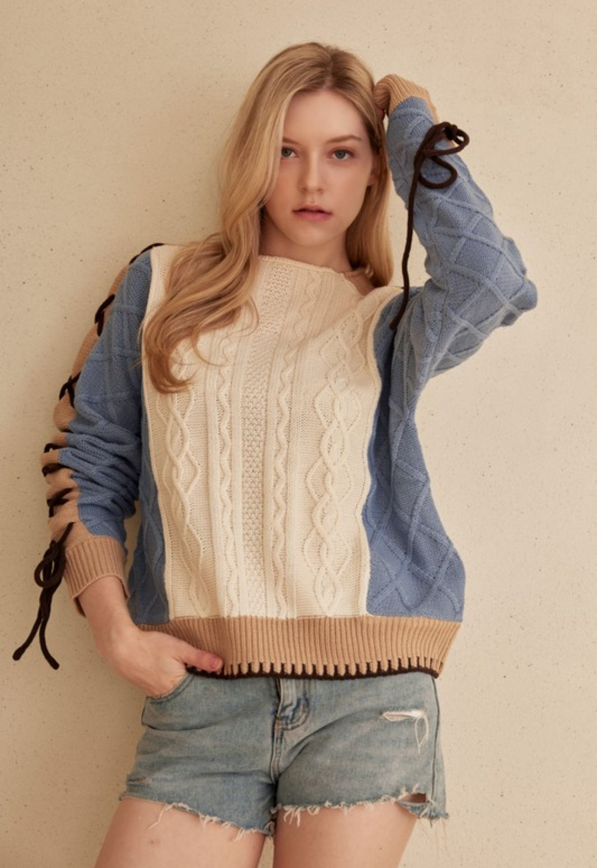 Lace Sleeved Colorblock Sweater