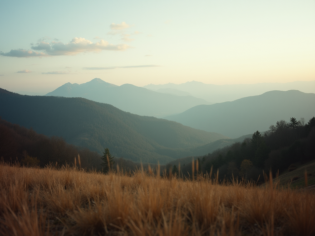 A serene landscape of the Western North Carolina mountains during a soft sunset.