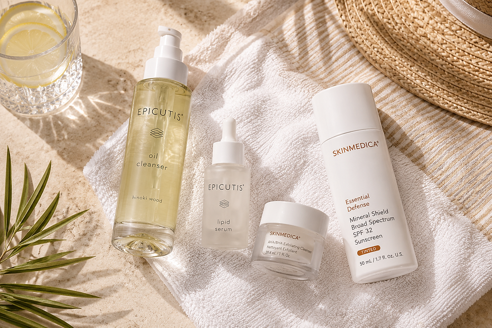 Luxury summer skincare flat lay featuring sunscreen, moisturizer, growth factor skincare products, and neutral spa-inspired styling for hydrated glowing skin.