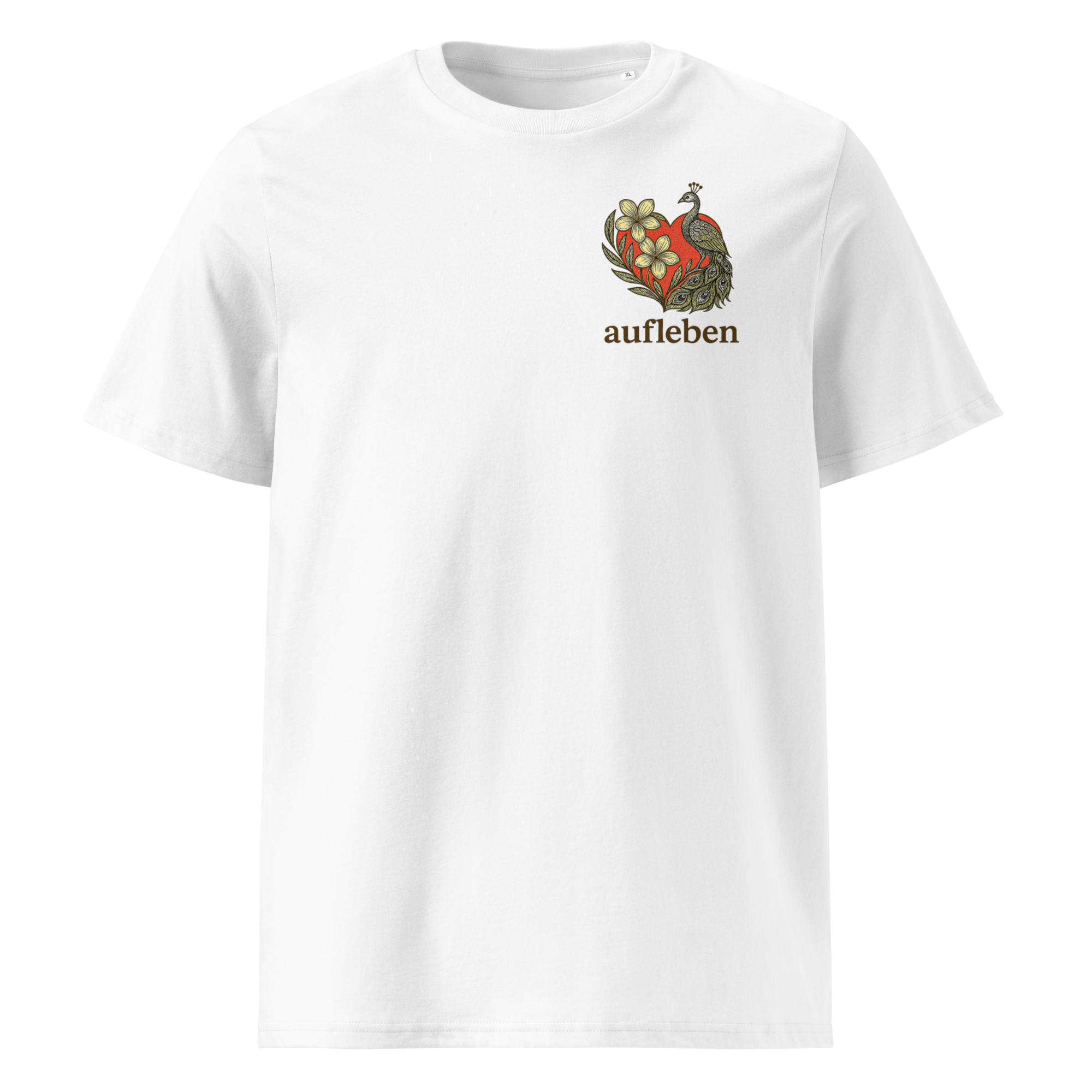 aufleben Heartbloom unisex organic t-shirt in white with a red heart, plumeria, and peacock – symbol of courage and love