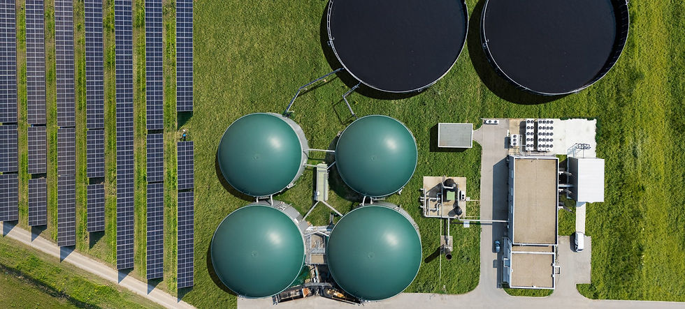 Aerial view of a renewable fuels plant with solar panels
