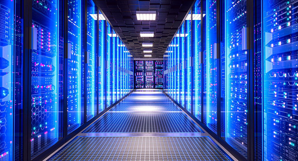 Data center server aisle lit in blue
