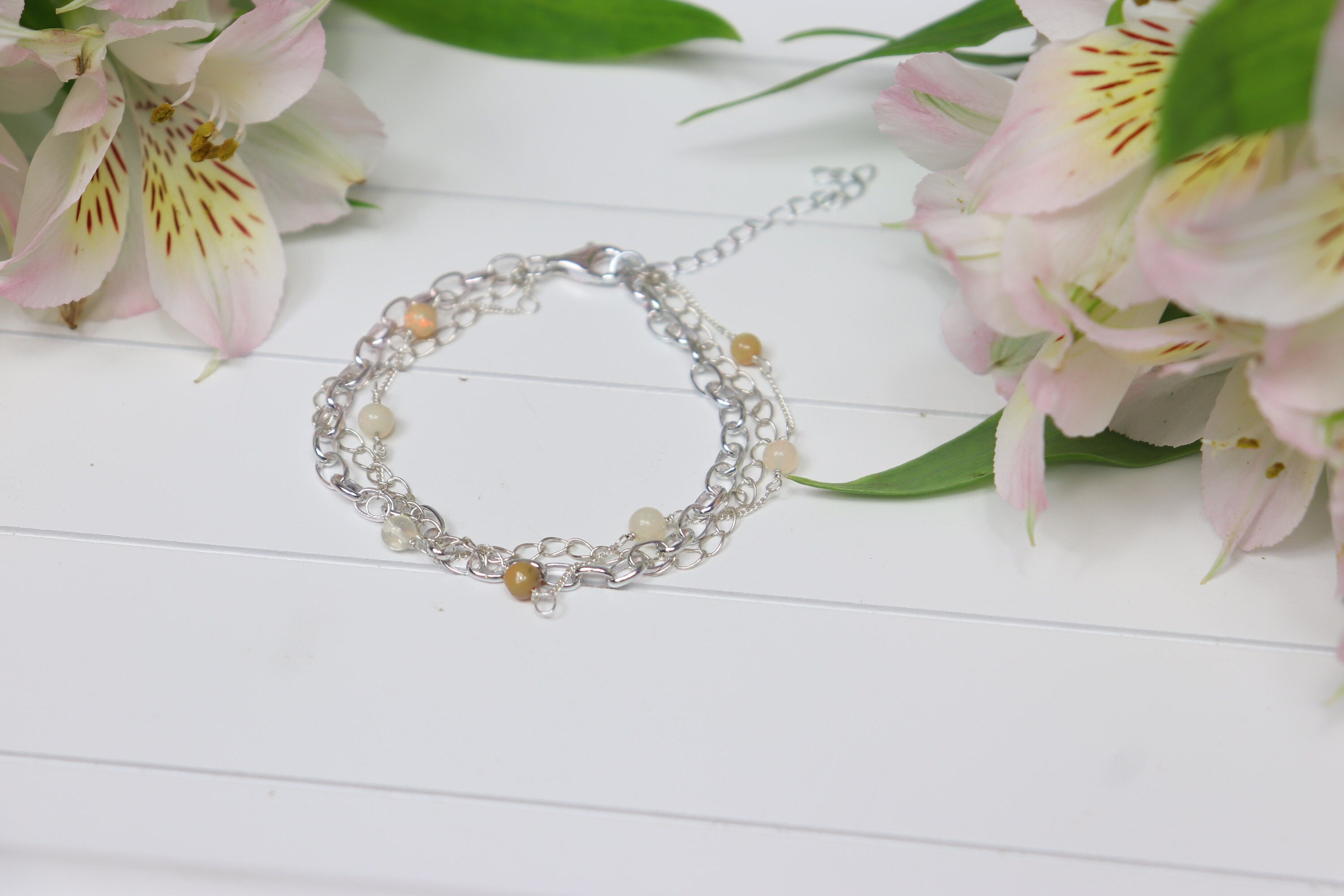 Ethiopian Opal Triple Chain Sterling Silver Bracelet