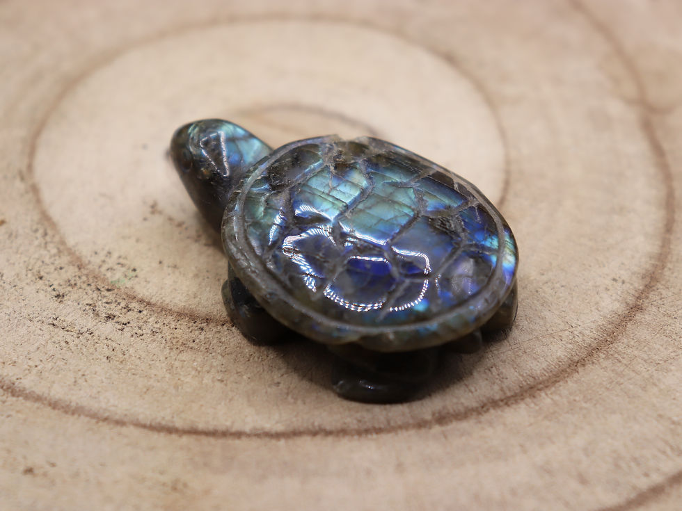 Thumbnail: A flashy Labradorite Crystal Turtle on a natural wood slice background