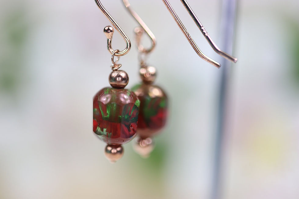 Thumbnail: Red and Green Glass Rose Gold Earrings
