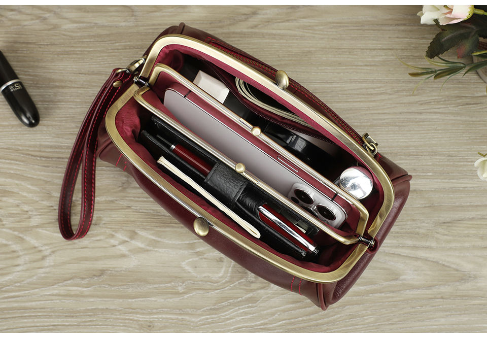 Thumbnail: Genuine Leather Women Clutch Wallet Kiss Lock Design Luxury Female Purse Handbag