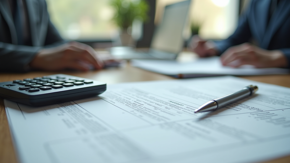 Eye-level view of an office desk with employment contracts and a calculator