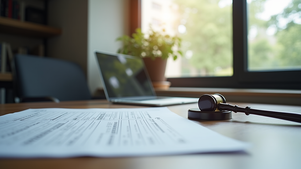 Eye-level view of an office desk with labor law documents and a laptop