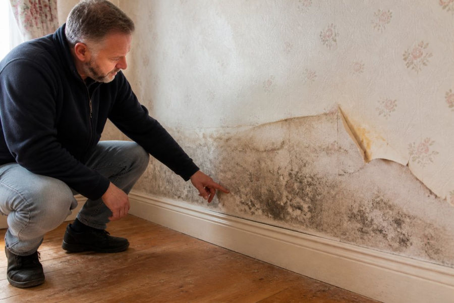 Homeowner pointing at peeling wallpaper and dark tide marks indicating rising damp on an interior wall