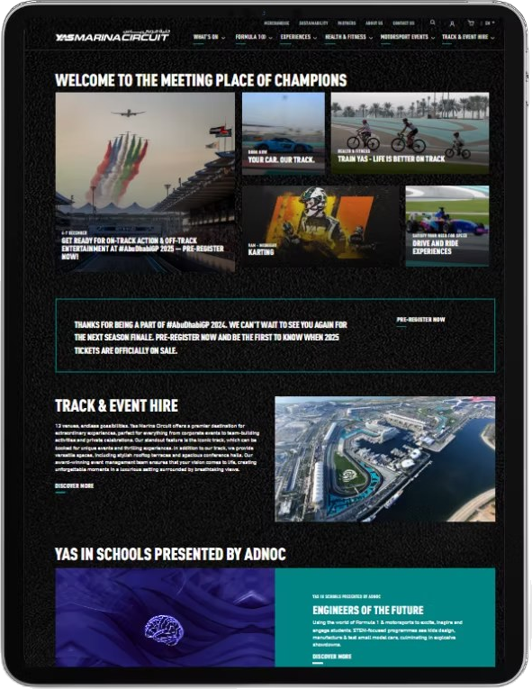 Yas Marina Circuit website shown on a tablet