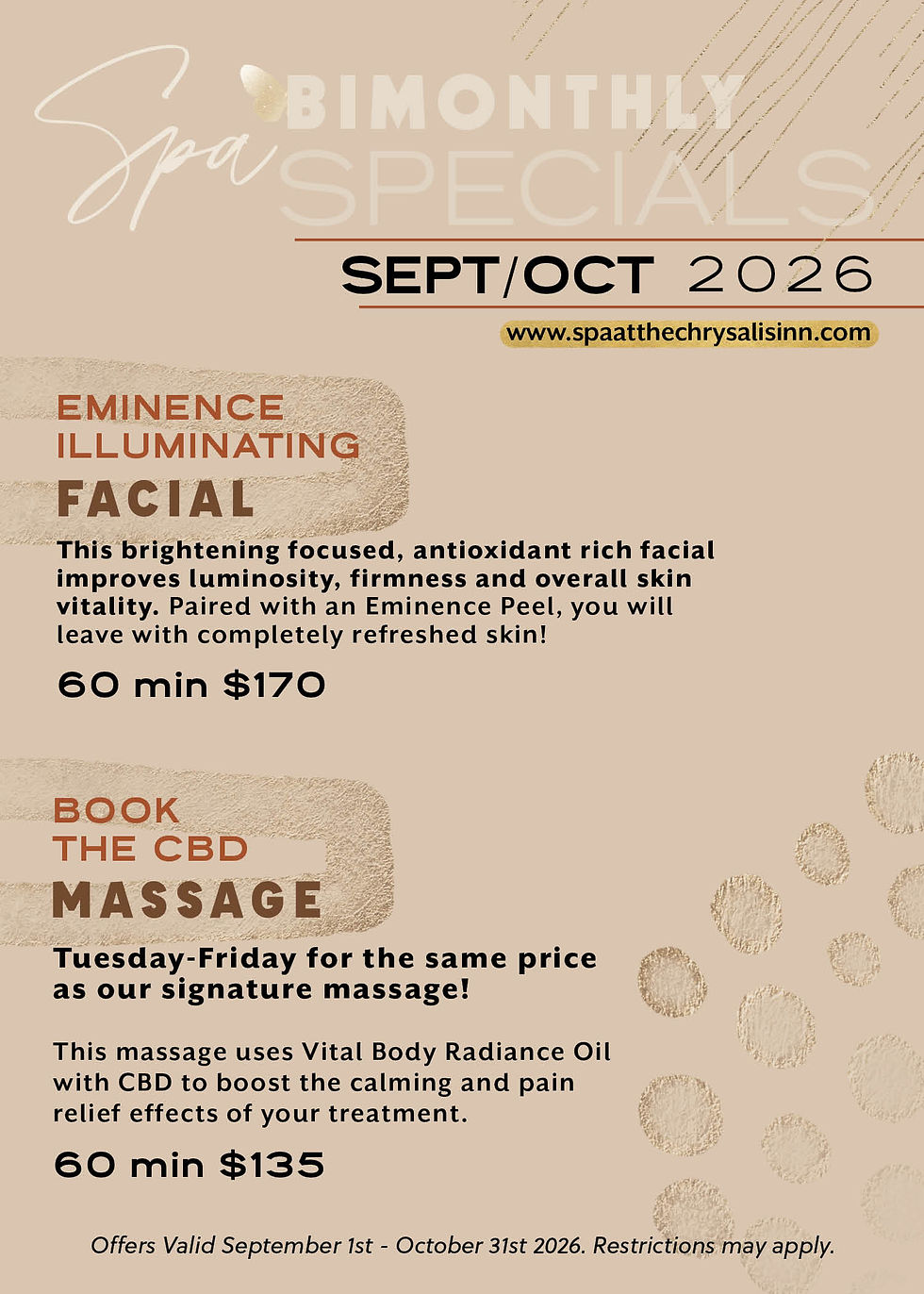 Spa BI-Monthly Specials for SEPTEMBER/OCTOBER 2026