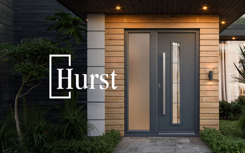 A modern front at the front of a timber clad house, Hurst logo overlaid.