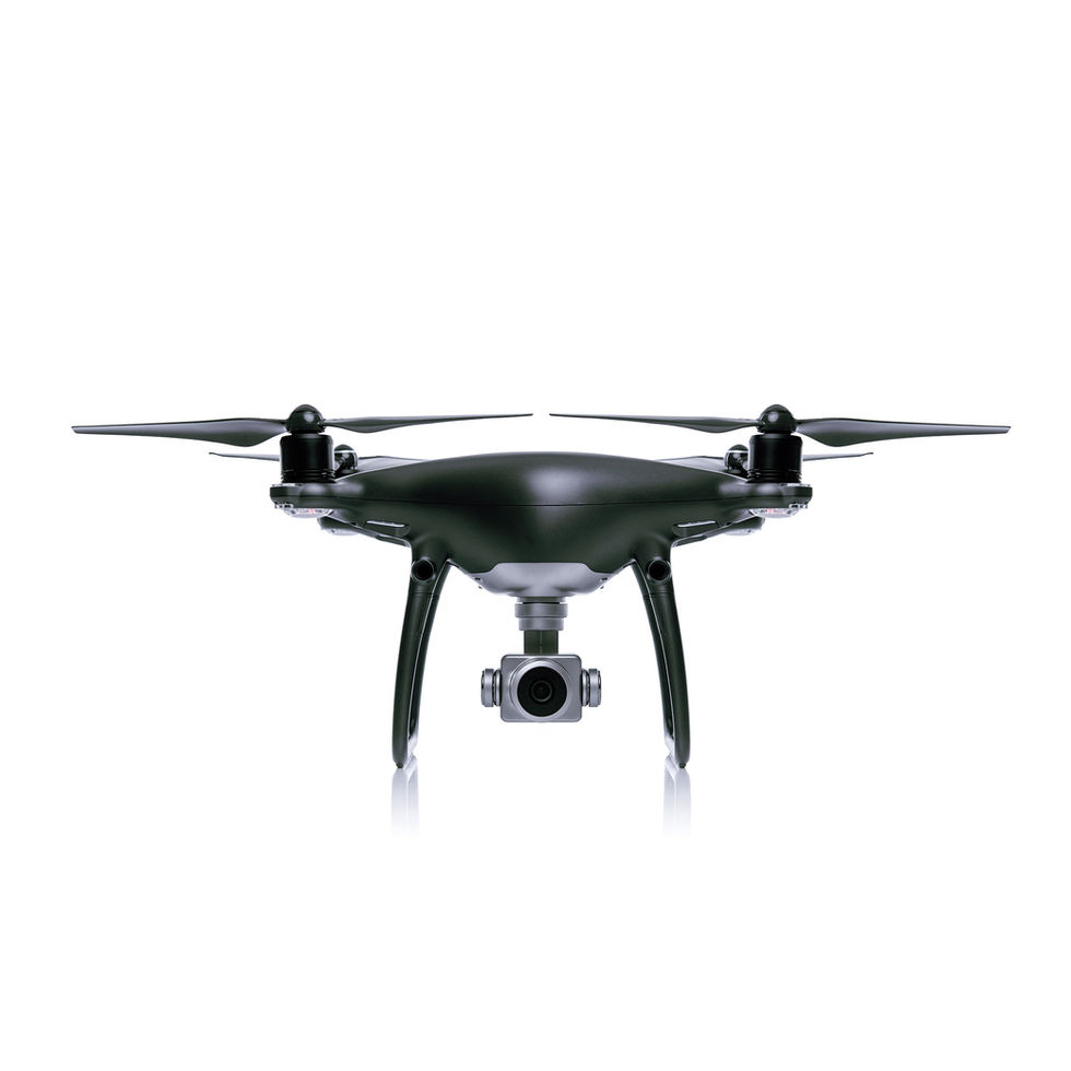 Black drone with camera, aerial photography