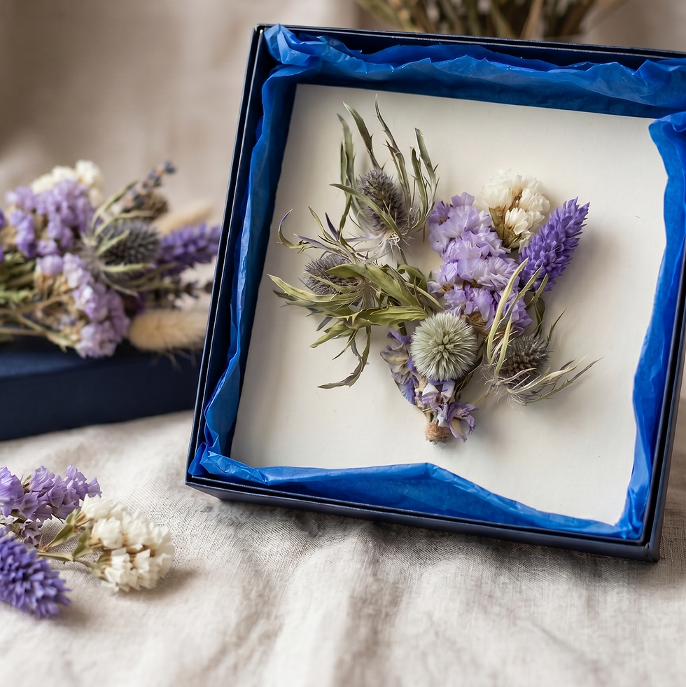 Thumbnail: Greetings card in a blue box with a bouquet of blue and purple flora attached