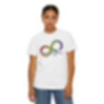 A white t-shirt with a rainbow colored pencil in the shape of an infinity symbol. Text says: Neurodiversity Affirming SLP