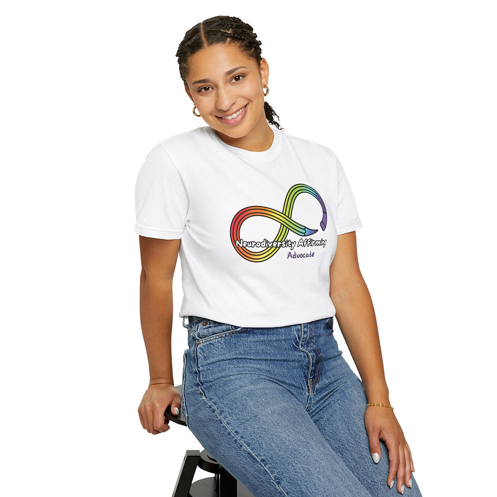 Thumbnail: A white t-shirt with a rainbow colored pencil in the shape of an infinity symbol. Text says: Neurodiversity Affirming Advocate