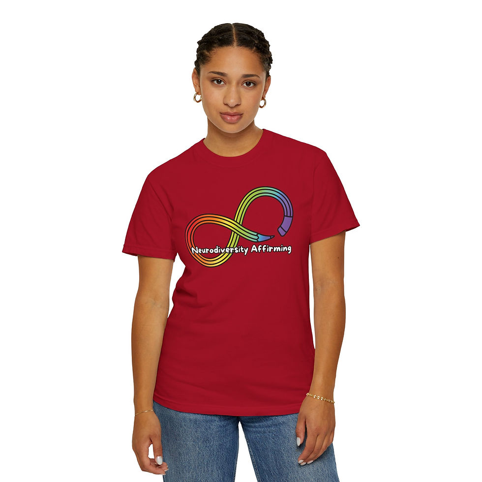 Thumbnail: Rainbow gradient colored infinity symbol with text that says "Neurodiversity Affirming" |  red