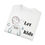 Thumbnail: T-shirt with a line drawing odd a relaxed looking child stimming by listening to music, using a tangle fidget, and moving. The shirt has text that says "Let Kids Stim" | color: white