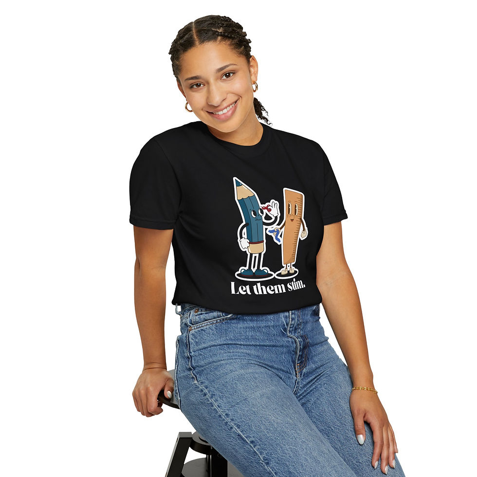 Thumbnail: A black colored T-shirt with a retro design of pencil mascot and a ruler mascot using fidget toys. Text says "let them stim."