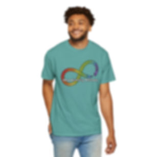 Rainbow gradient colored infinity symbol with text that says "Neurodiversity Affirming" | teal