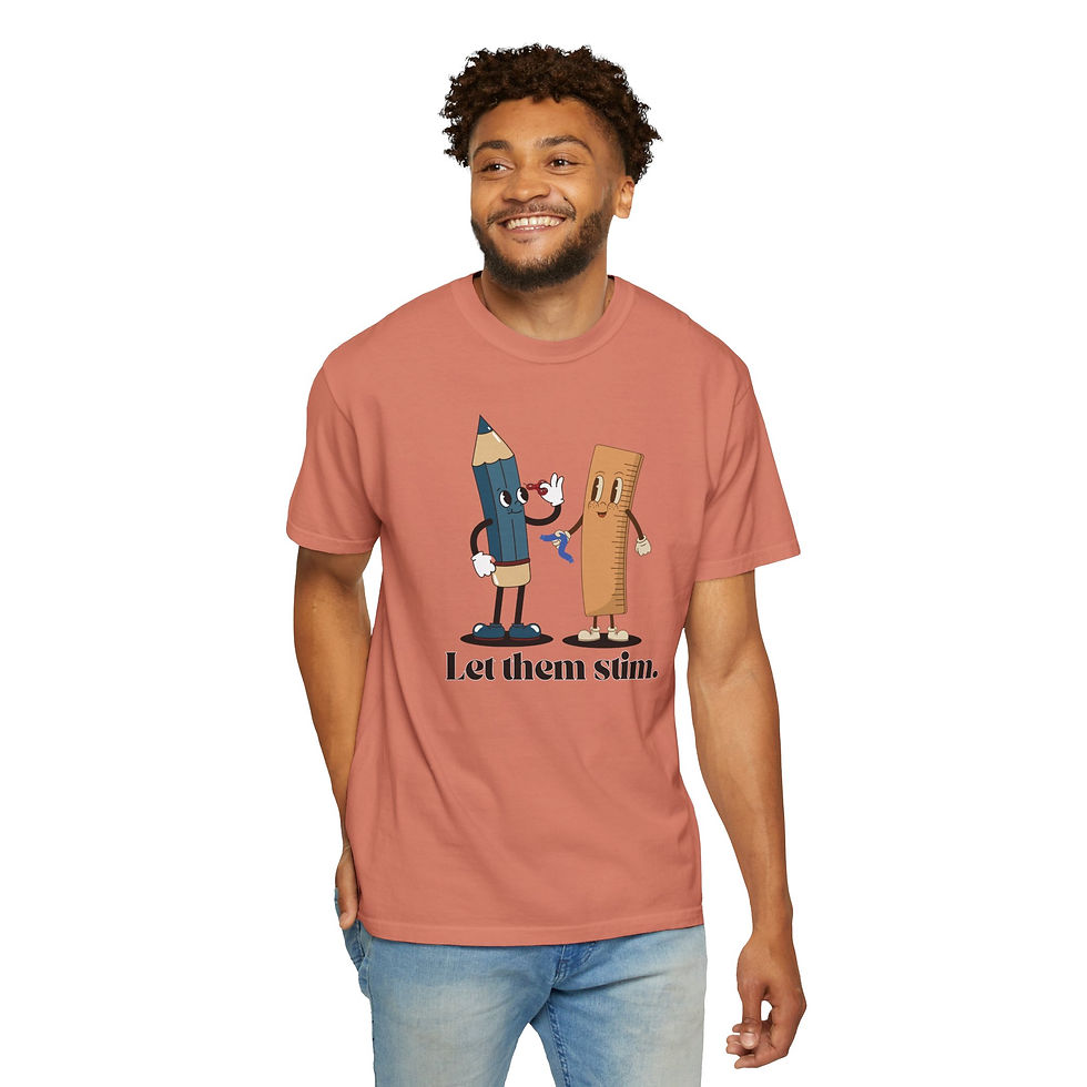 Thumbnail: A terracotta colored T-shirt with a retro design of pencil mascot and a ruler mascot using fidget toys. Text says "let them stim."