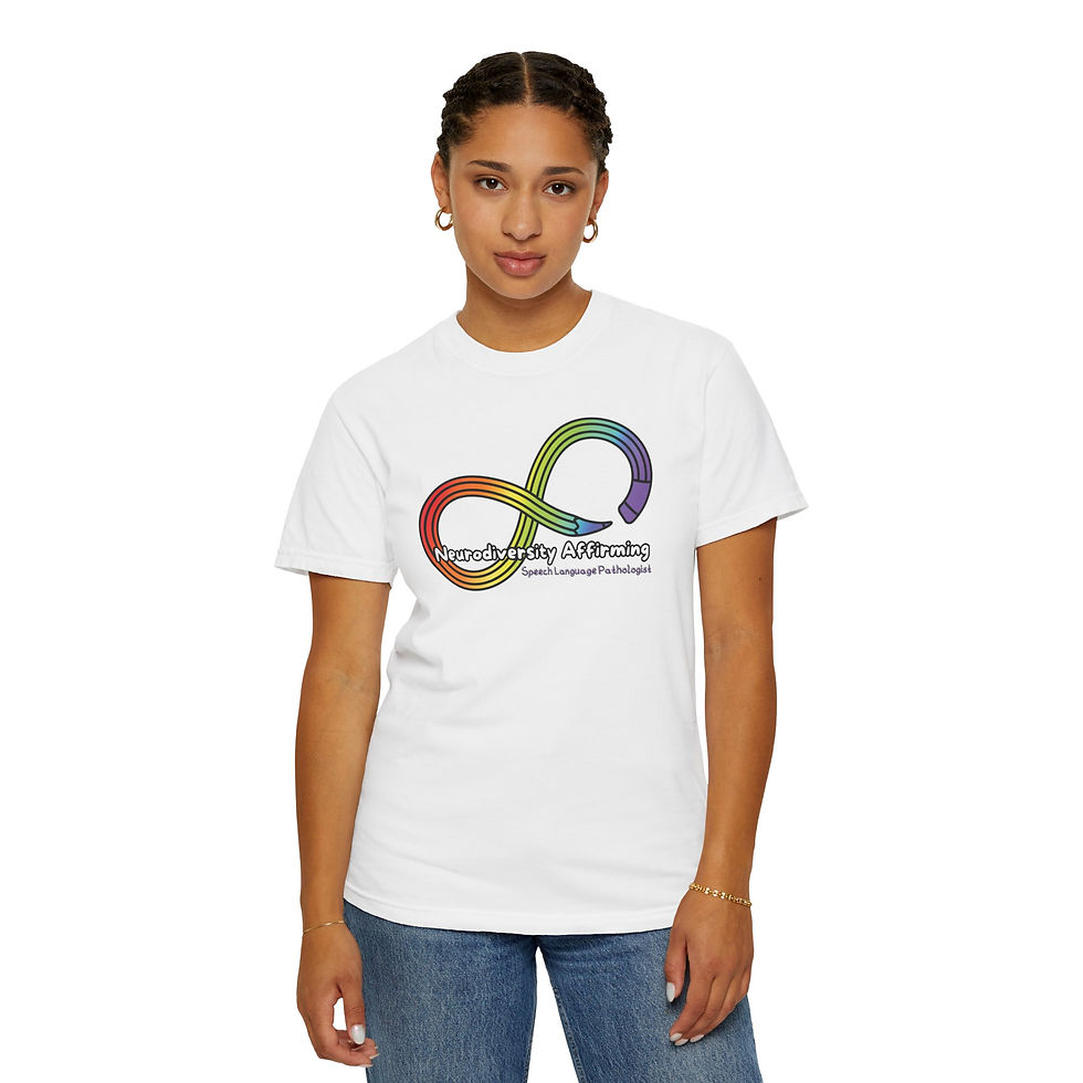 Rainbow gradient colored infinity symbol with text that says "Neurodiversity Affirming Speech Language Pathologist" |  white