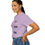Thumbnail: T-shirt with a line drawing odd a relaxed looking child stimming by listening to music, using a tangle fidget, and moving. The shirt has text that says "Let Kids Stim" | color: orchid