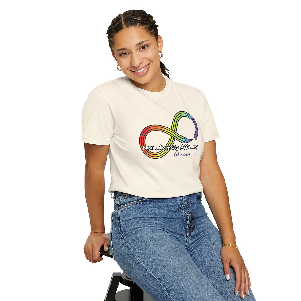 Thumbnail: An ivory colored t-shirt with a rainbow colored pencil in the shape of an infinity symbol. Text says: Neurodiversity Affirming Advocate