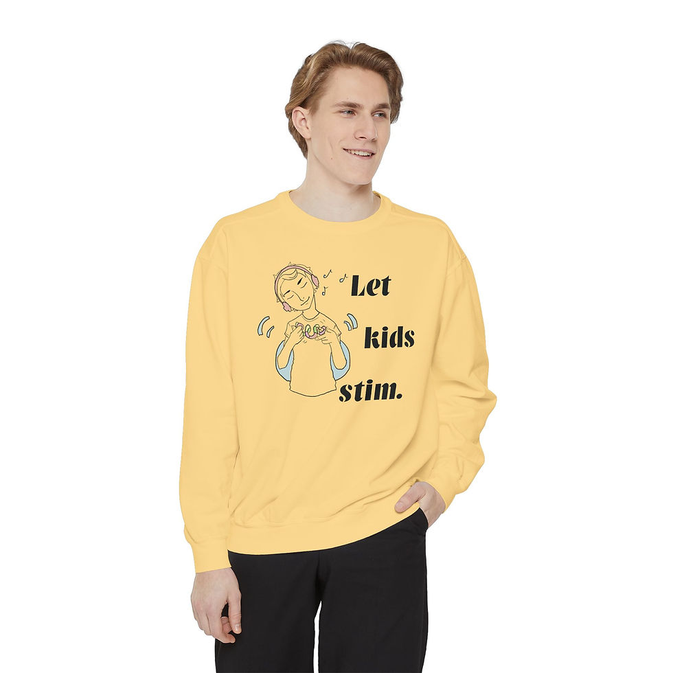 Thumbnail: A butter yellow crewneck sweatshirt that says "Let kids stim." There is an image of a boy listening to music with headphones while he stims with a tangle fidget and moves rhythmically.