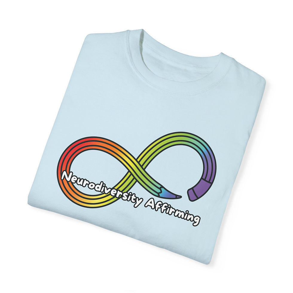 Thumbnail: Rainbow gradient colored infinity symbol with text that says "Neurodiversity Affirming" |  light blue