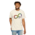 An ivory colored t-shirt with a rainbow colored pencil in the shape of an infinity symbol. Text says: Neurodiversity Affirming Dad