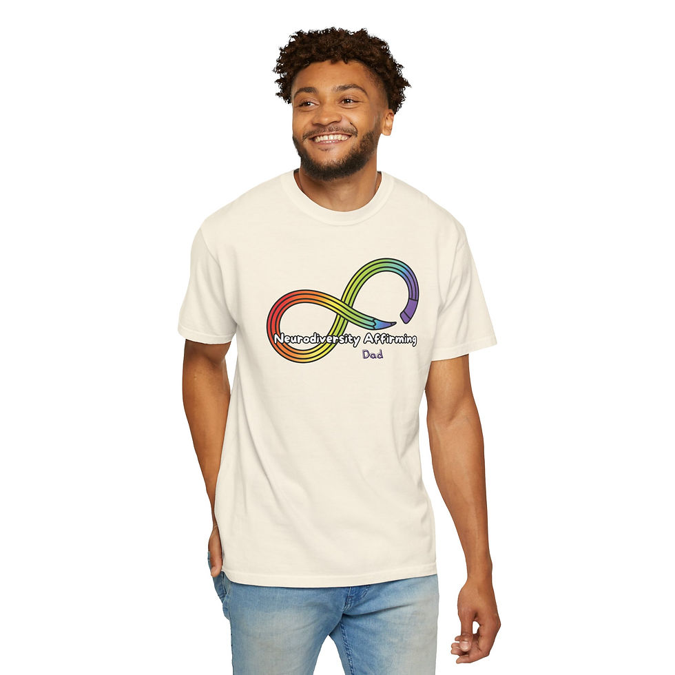 An ivory colored t-shirt with a rainbow colored pencil in the shape of an infinity symbol. Text says: Neurodiversity Affirming Dad
