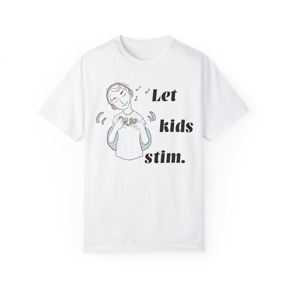 Thumbnail: T-shirt with a line drawing odd a relaxed looking child stimming by listening to music, using a tangle fidget, and moving. The shirt has text that says "Let Kids Stim" | color: white