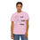 Thumbnail: T-shirt with a line drawing odd a relaxed looking child stimming by listening to music, using a tangle fidget, and moving. The shirt has text that says "Let Kids Stim" | color: blossom