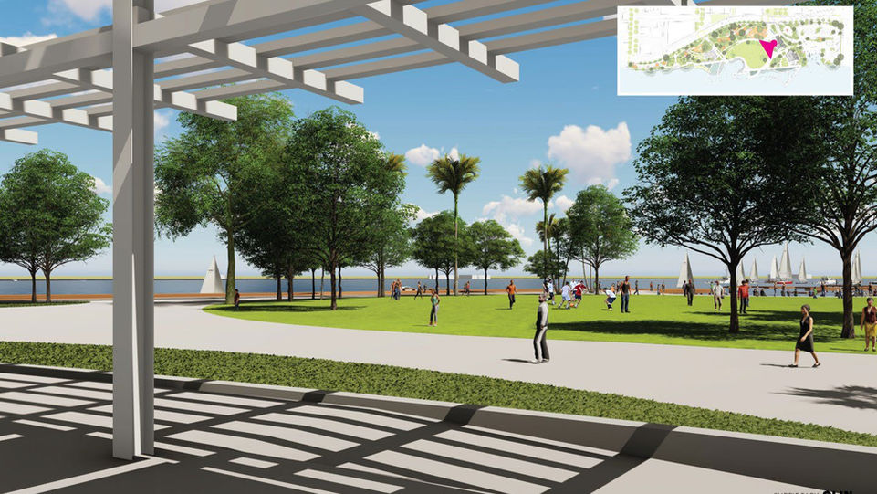 Park rendering featuring trees, people, and a walkway on a bright sunny day.