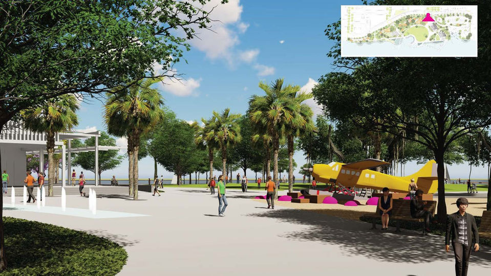 Park rendering featuring walking path, trees, seating, and a water feature under a clear sky