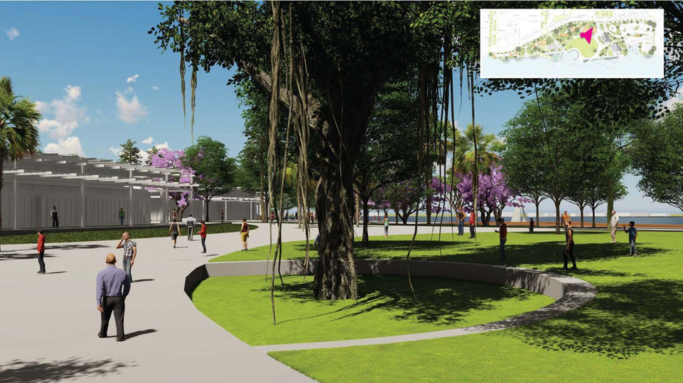 Park rendering with people and trees, architectural detail in the background.