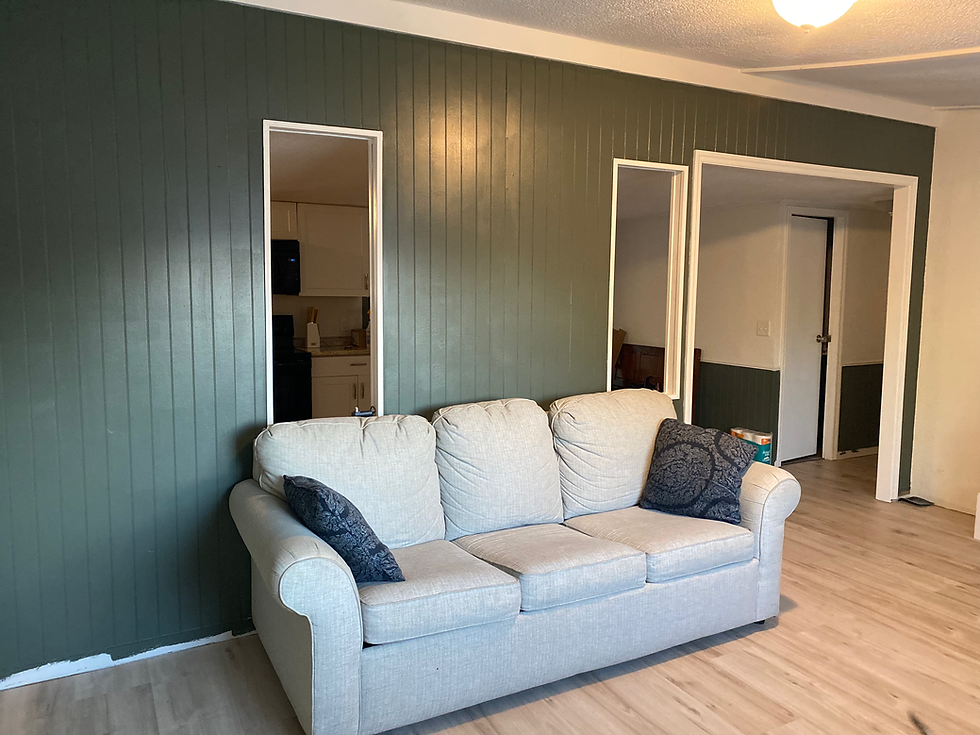 Cozy living room transformation in progress with a newly painted accent wall and comfortable couch.