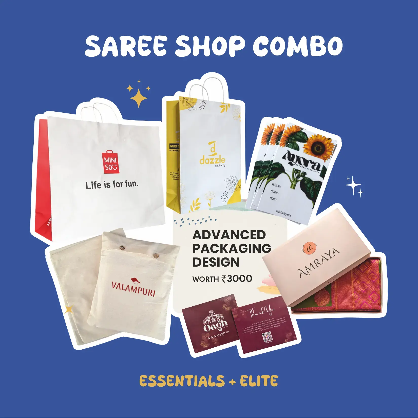Saree Shop Combo offering complete packaging solutions for saree stores and boutiques with Essentials and Elite options