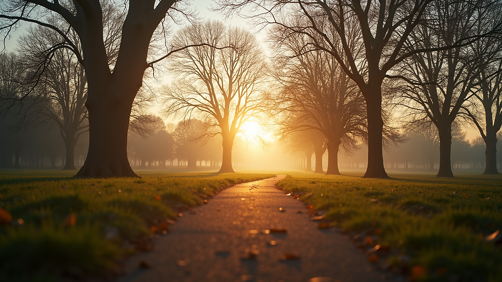 Eye-level view of a serene park setting during early morning