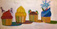 An oil painting with four cupcakes with colorful cupcake wrappers, each previous cupcake's shadow falls on the subsequent cupcake wrapper. The first cupcake has red frosting with two purple diabetes ribbons sticking into the cupcake. The second cupcake is topped high with yellow frosting, The third cupcake has minimal brown frosting with two carrots sticking out of the cupcake. The fourth cupcake has blue frosting with two candles and a snowflake sticking out of the cupcake.