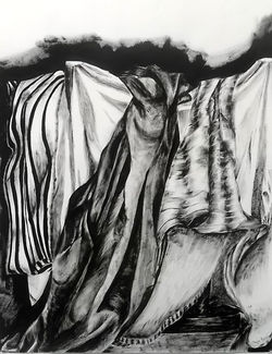 Still life ink drawing of four different fabrics laying on top of one another.