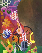 A woman with a large afro stands in front of a microphone. In the background, she is surrounded by colorful music notes, honeycomb outlines, and two flying bees.